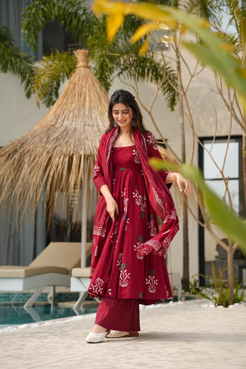 Elegant Red Anarkali Kurta Set with Dupatta for Women - Pure Cotton Festive Wear