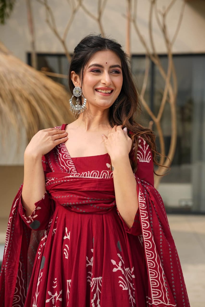 Elegant Red Anarkali Kurta Set with Dupatta for Women - Pure Cotton Festive Wear