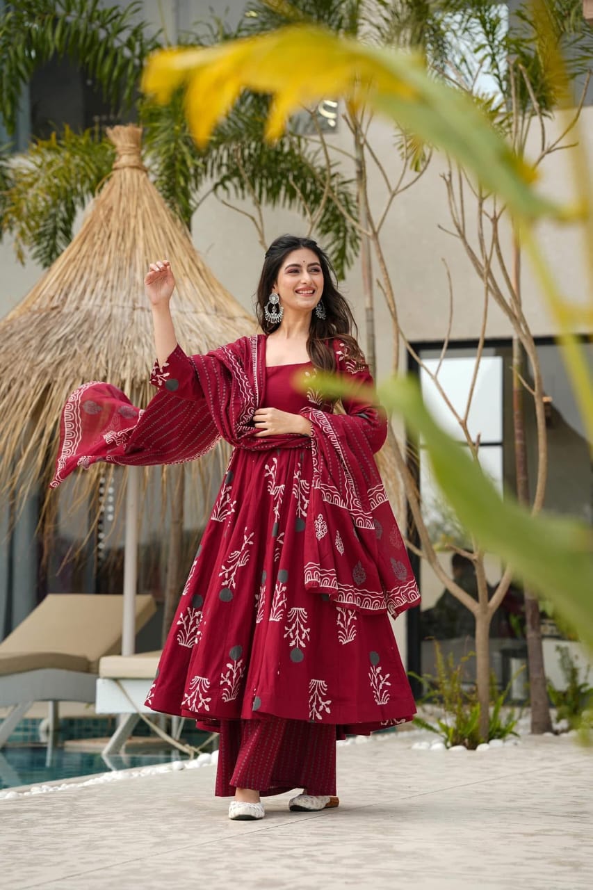 Elegant Red Anarkali Kurta Set with Dupatta for Women - Pure Cotton Festive Wear