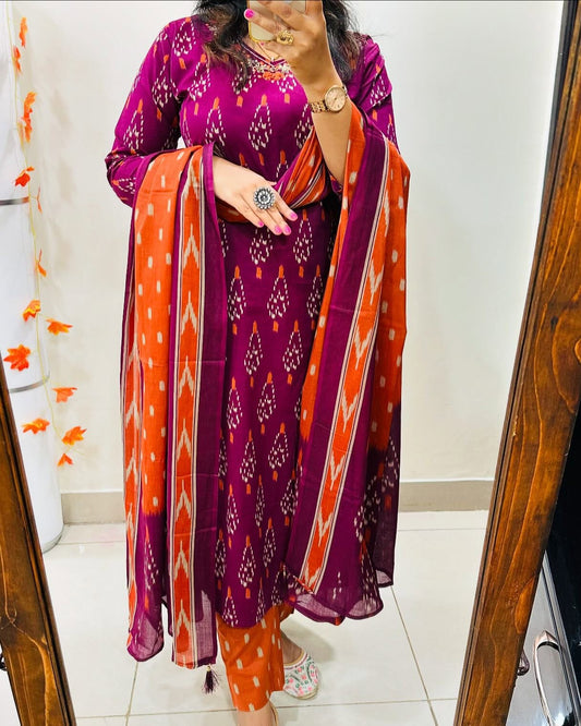 Vibrant Ikkat Print Women's Kurti Pant Dupatta Set - Traditional Style & Comfort
