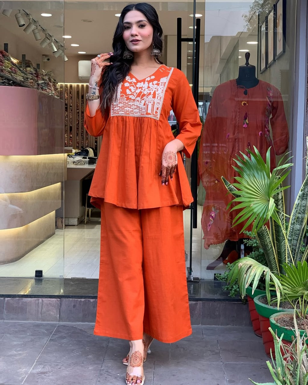 Elegant Embroidered Cotton Slub Kurta and Pant Set for Women's Fashion