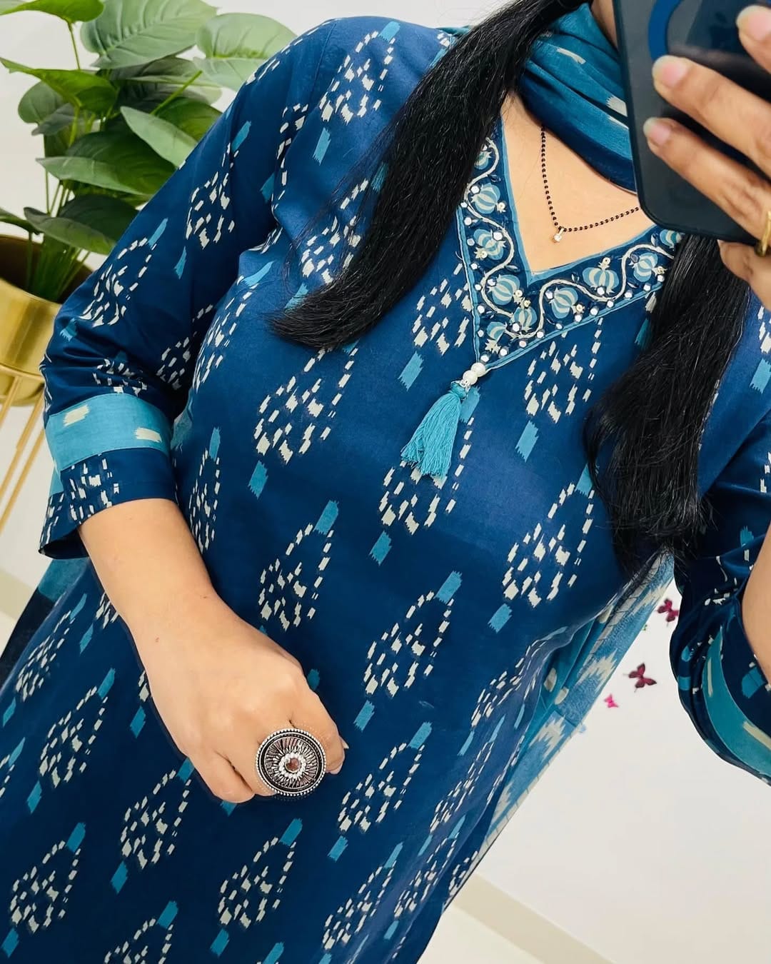Elegant Blue Ikkat Print Kurti Pant Dupatta Set for Women