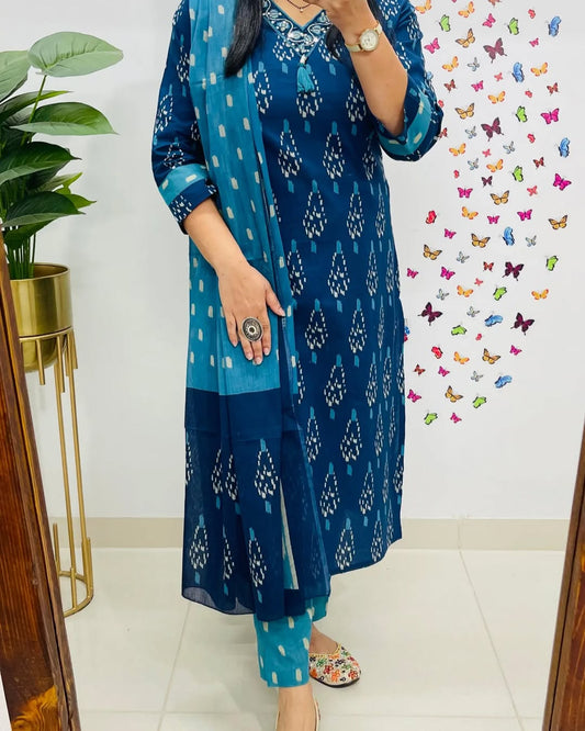 Elegant Blue Ikkat Print Kurti Pant Dupatta Set for Women