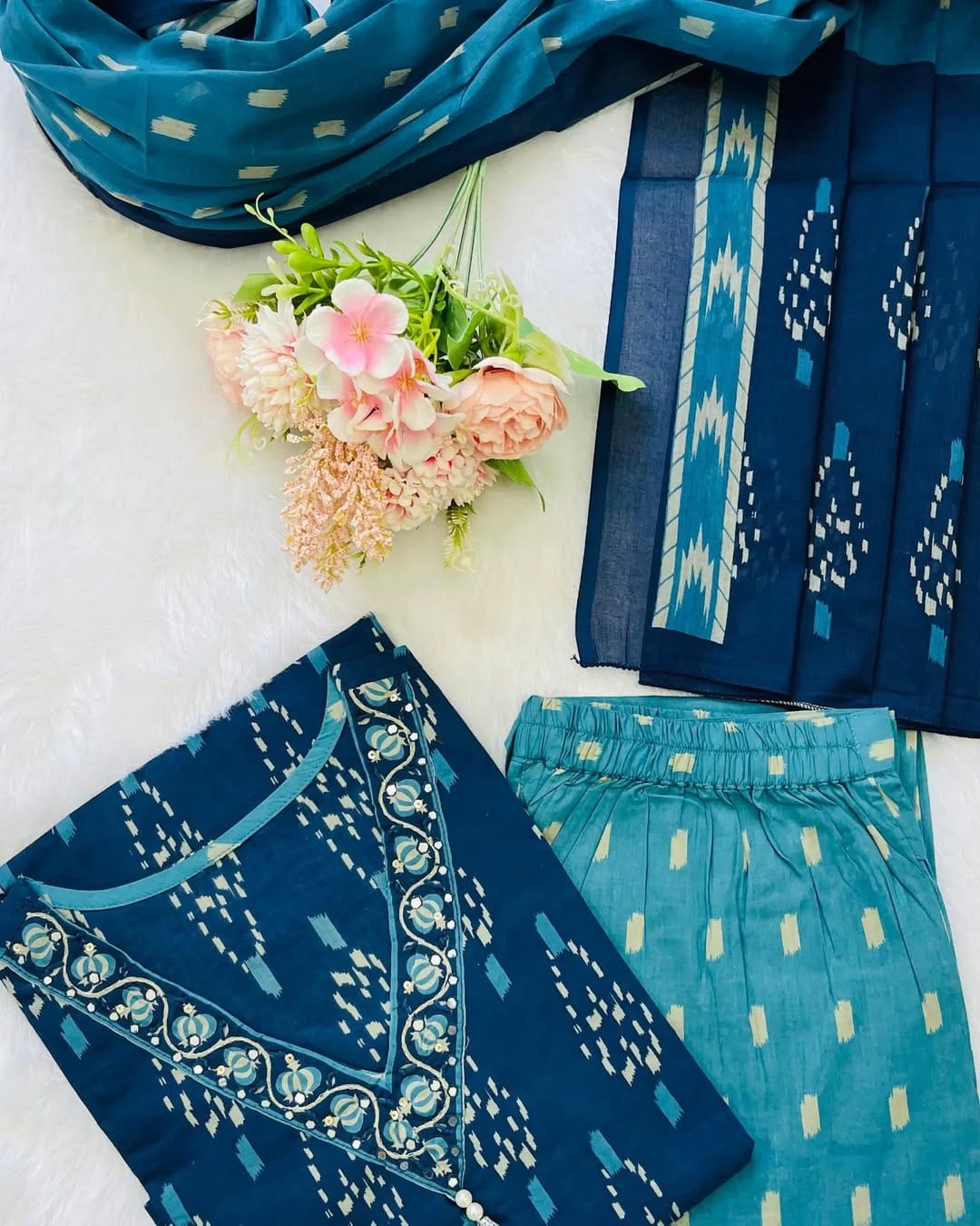 Elegant Blue Ikkat Print Kurti Pant Dupatta Set for Women