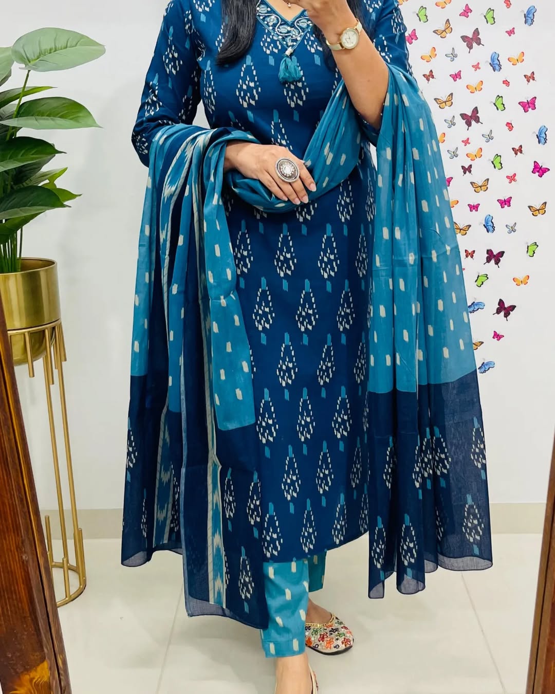 Elegant Blue Ikkat Print Kurti Pant Dupatta Set for Women