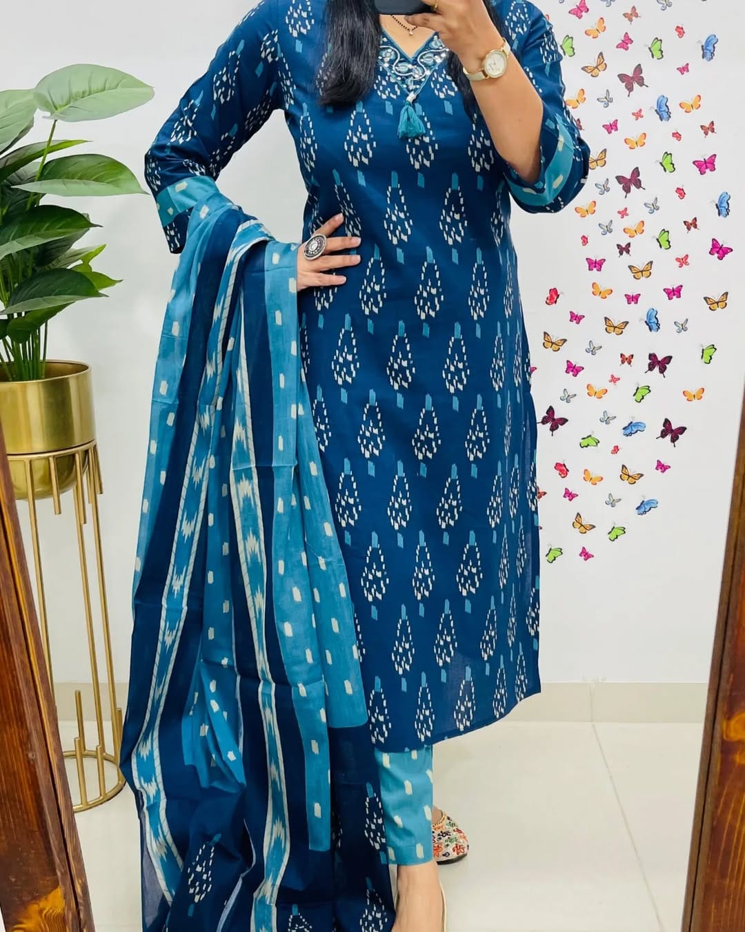 Elegant Blue Ikkat Print Kurti Pant Dupatta Set for Women