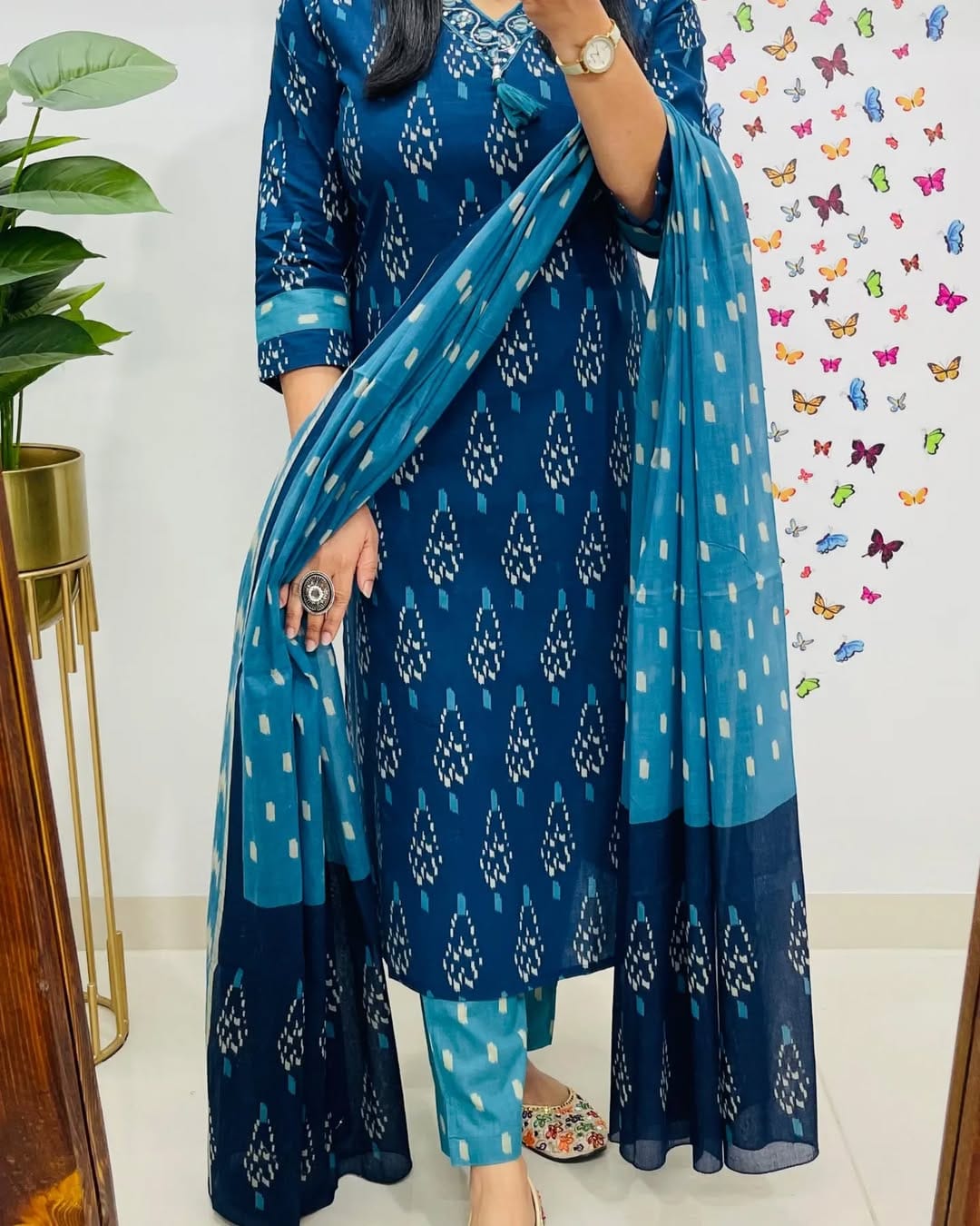 Elegant Blue Ikkat Print Kurti Pant Dupatta Set for Women