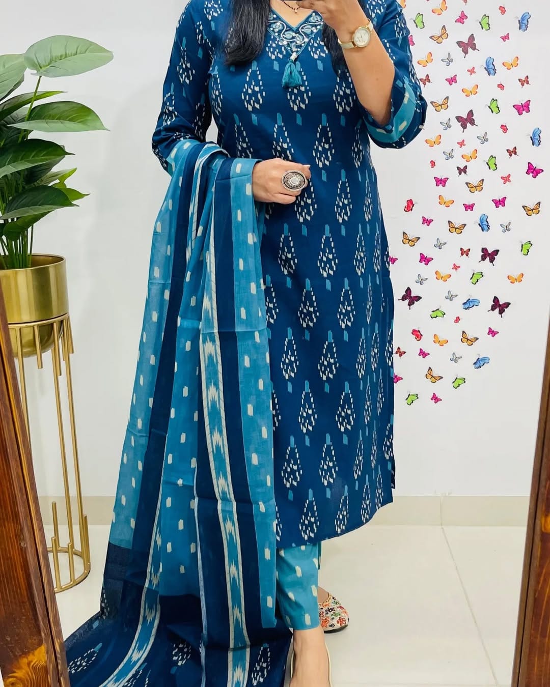 Elegant Blue Ikkat Print Kurti Pant Dupatta Set for Women