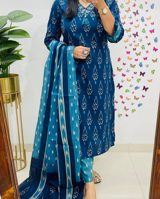 Elegant Blue Ikkat Print Kurti Pant Dupatta Set for Women