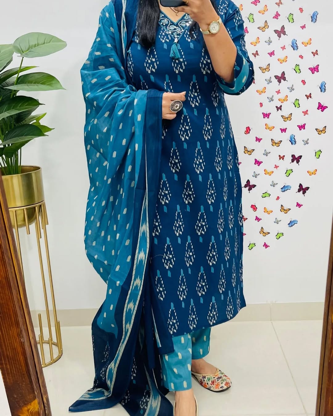 Elegant Blue Ikkat Print Kurti Pant Dupatta Set for Women