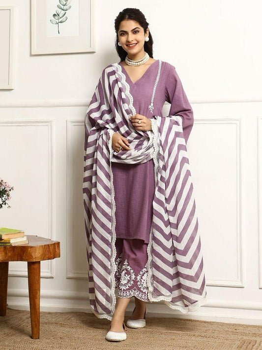 Elegant Mauve Cotton Kurta Set with Chevron Dupatta for Women