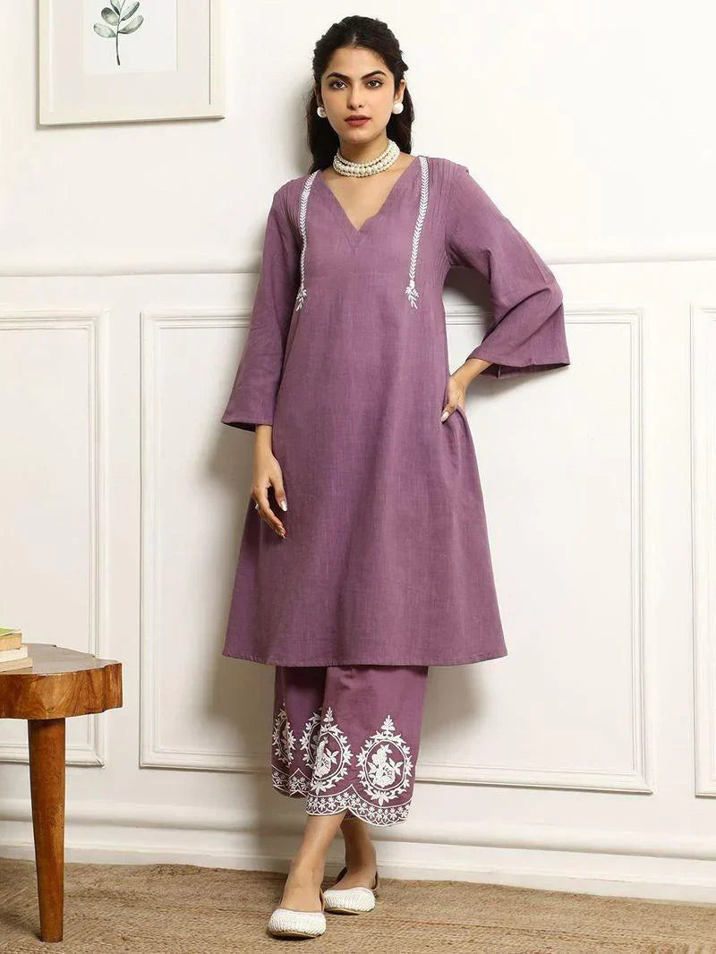 Elegant Mauve Cotton Kurta Set with Chevron Dupatta for Women