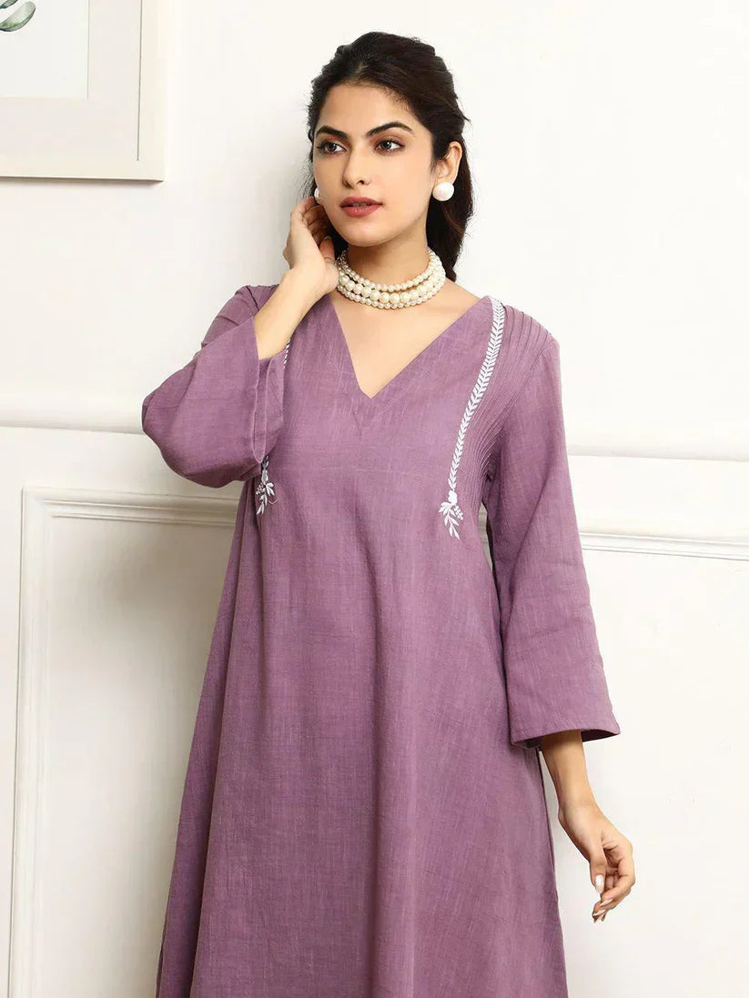 Elegant Mauve Cotton Kurta Set with Chevron Dupatta for Women