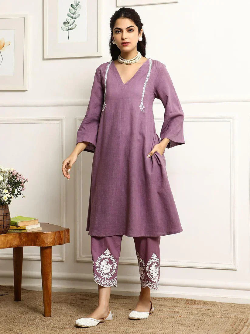 Elegant Mauve Cotton Kurta Set with Chevron Dupatta for Women