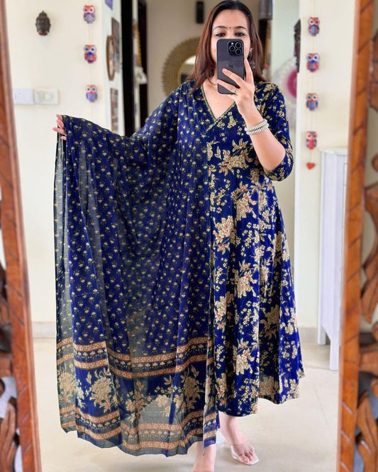 Elegant Blue Anarkali Kurta Set: Angrakha Style, Flowy Comfort for Women