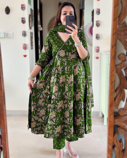Elegant Green Anarkali Kurta Set with Angrakha Style for Women