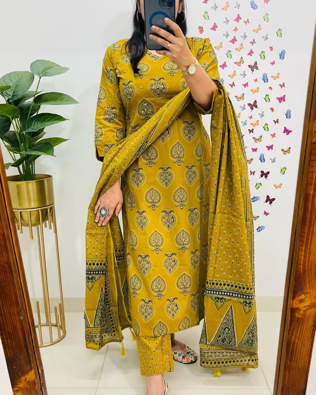 Biba Mustard Yellow Printed Cotton Suit Set: Breathable, Elegant, and Comfortable Ethnic Wear