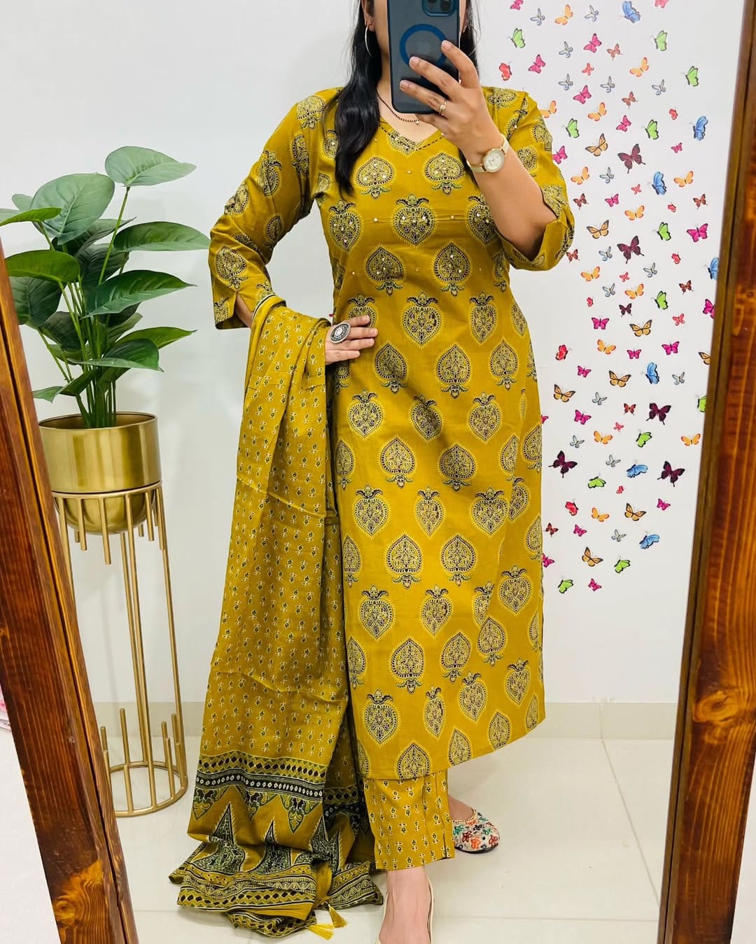 Biba Mustard Yellow Printed Cotton Suit Set: Breathable, Elegant, and Comfortable Ethnic Wear