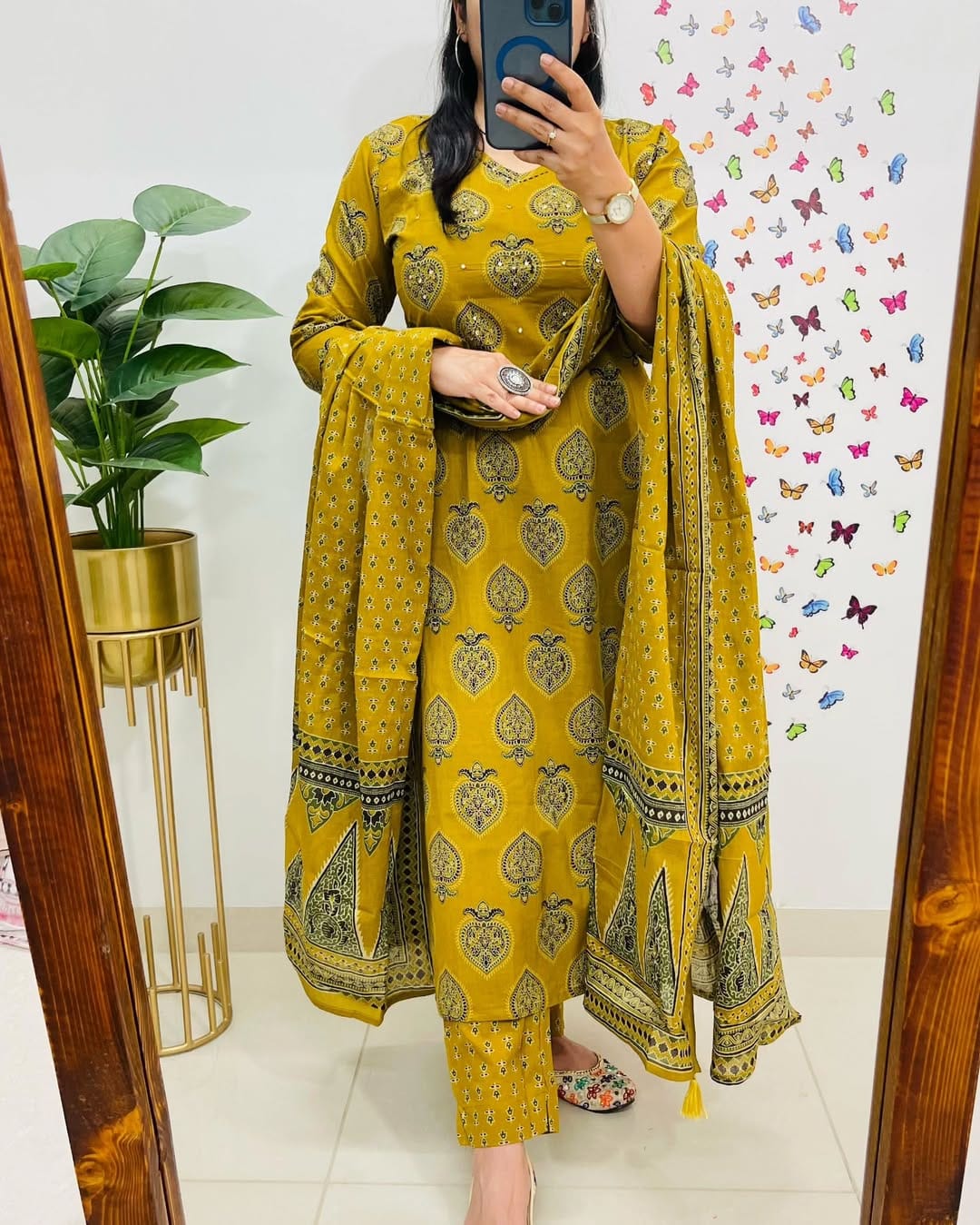 Biba Mustard Yellow Printed Cotton Suit Set: Breathable, Elegant, and Comfortable Ethnic Wear