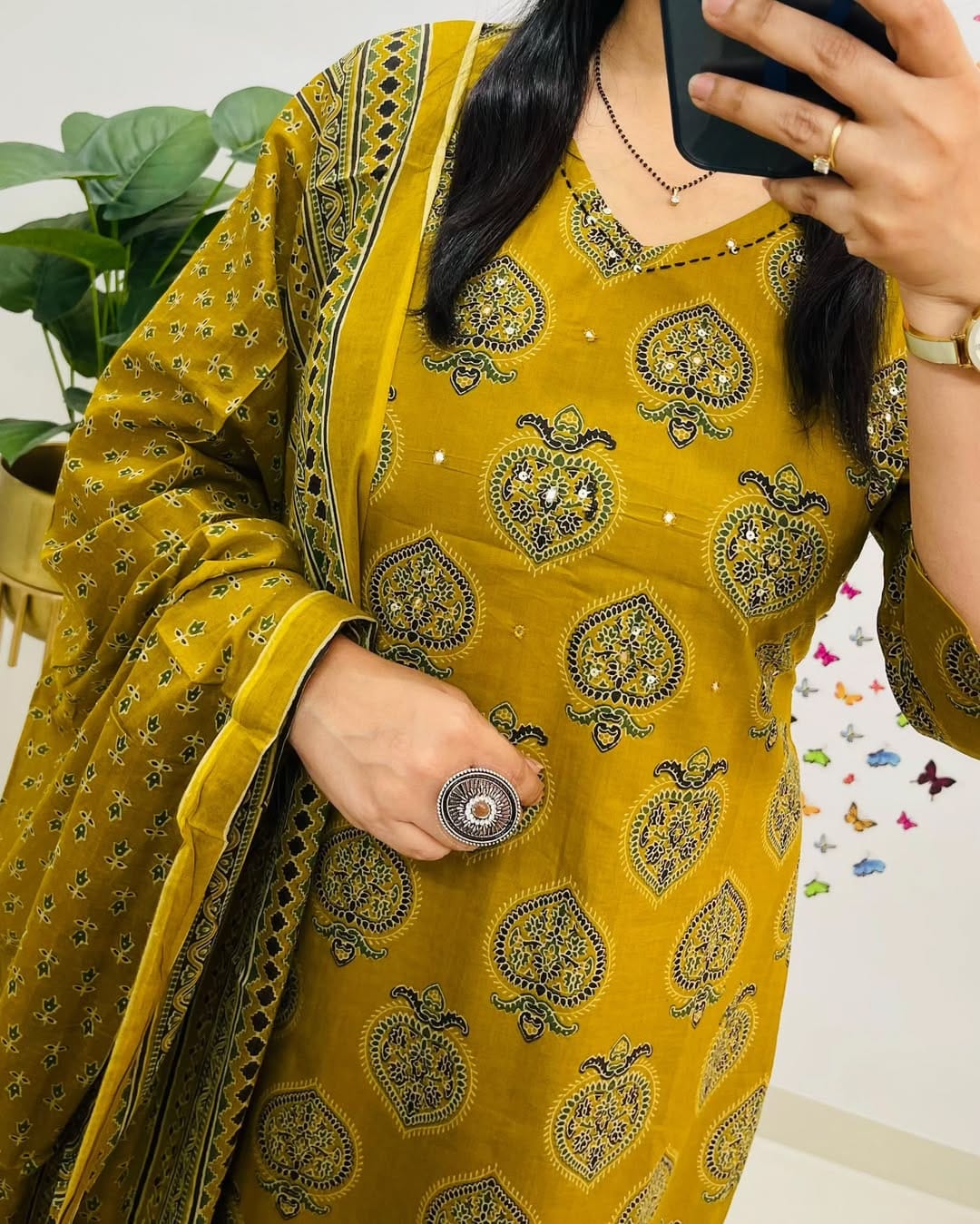 Biba Mustard Yellow Printed Cotton Suit Set: Breathable, Elegant, and Comfortable Ethnic Wear