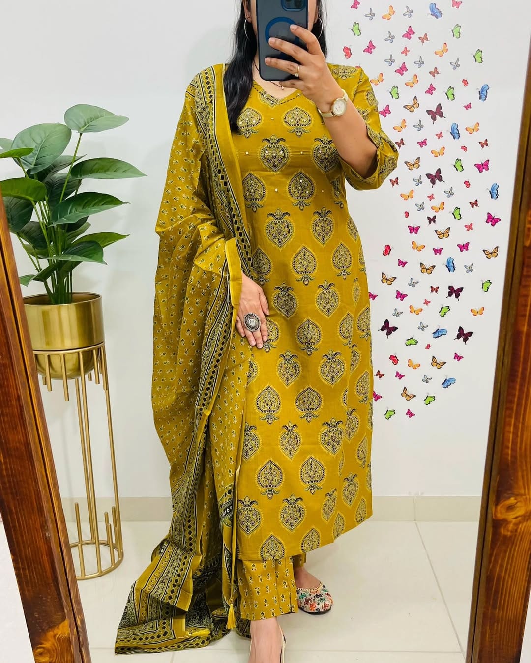 Biba Mustard Yellow Printed Cotton Suit Set: Breathable, Elegant, and Comfortable Ethnic Wear
