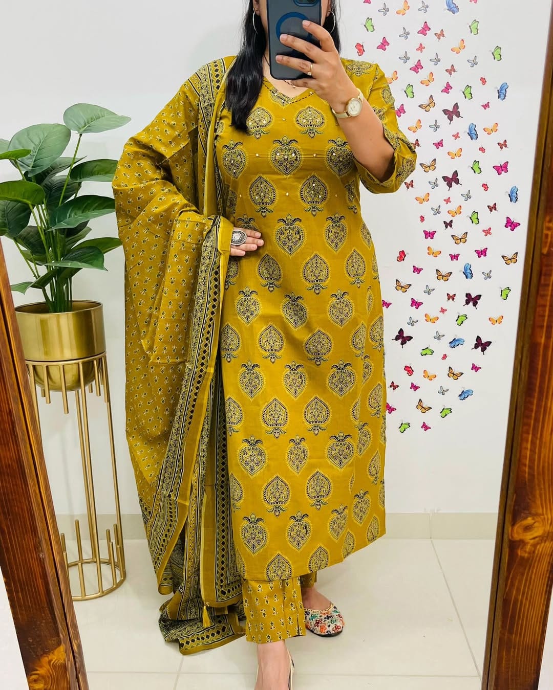 Biba Mustard Yellow Printed Cotton Suit Set: Breathable, Elegant, and Comfortable Ethnic Wear