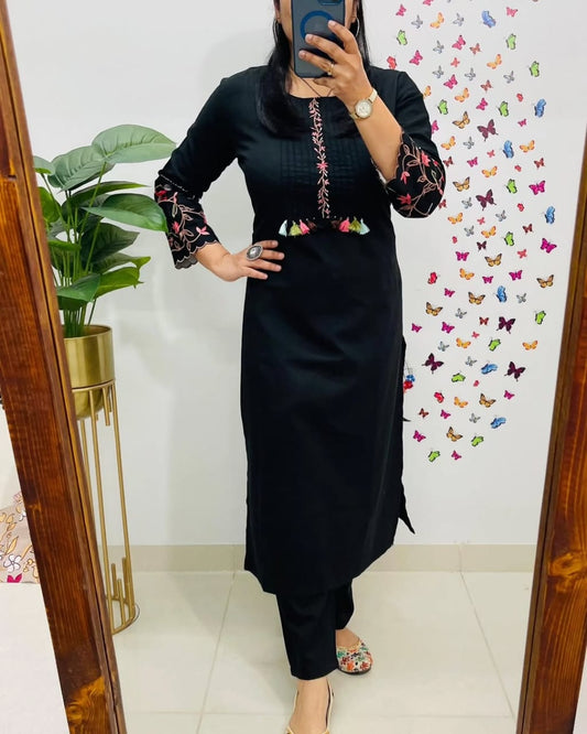 Elegant Black Cotton Embroidered Kurta Pant Set - Comfortable Ethnic Wear