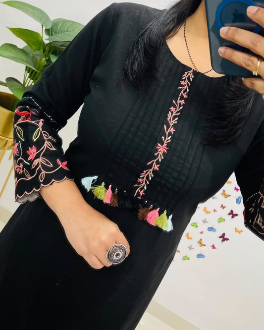 Elegant Black Cotton Embroidered Kurta Pant Set - Comfortable Ethnic Wear