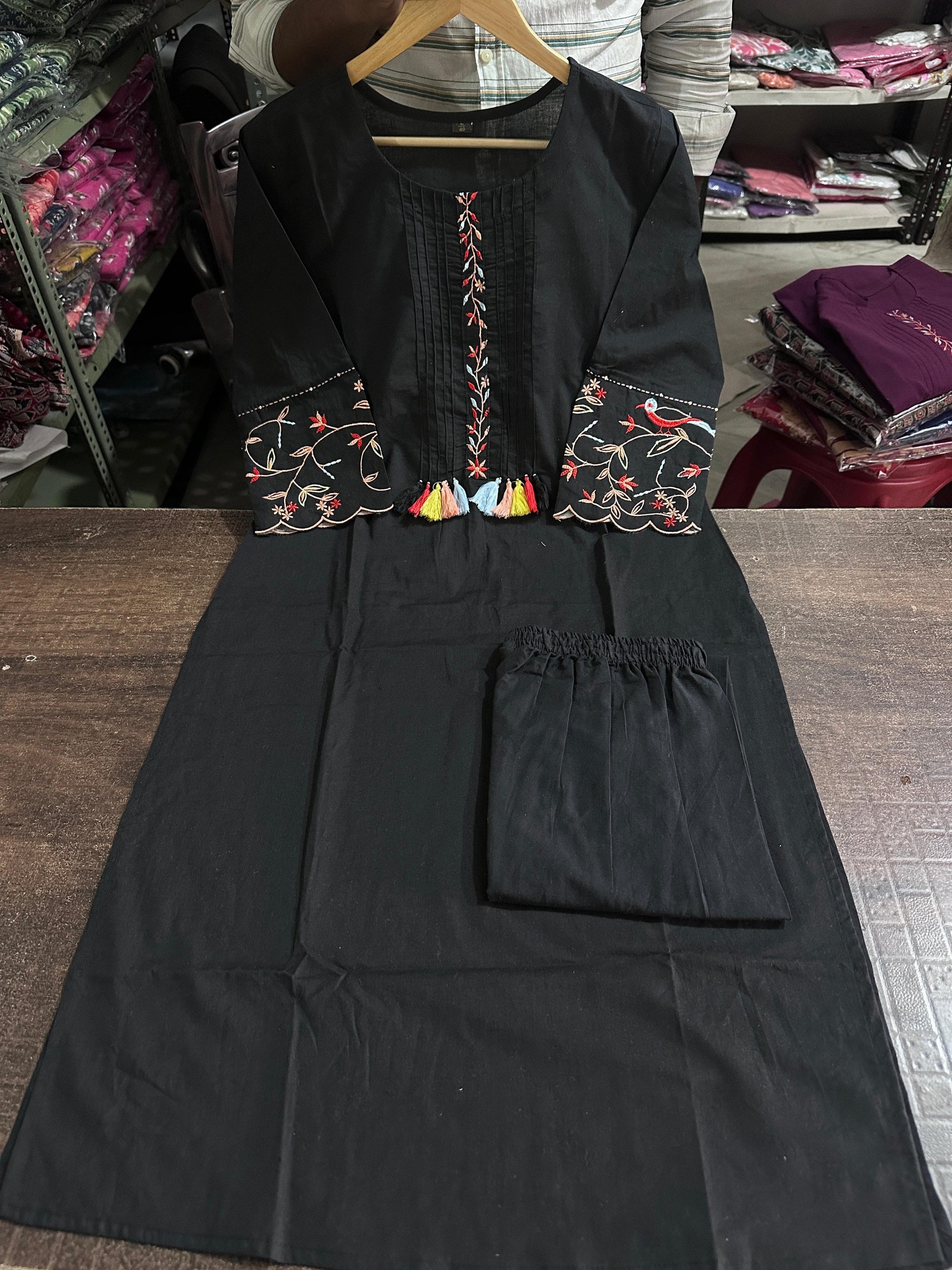 Elegant Black Cotton Embroidered Kurta Pant Set - Comfortable Ethnic Wear