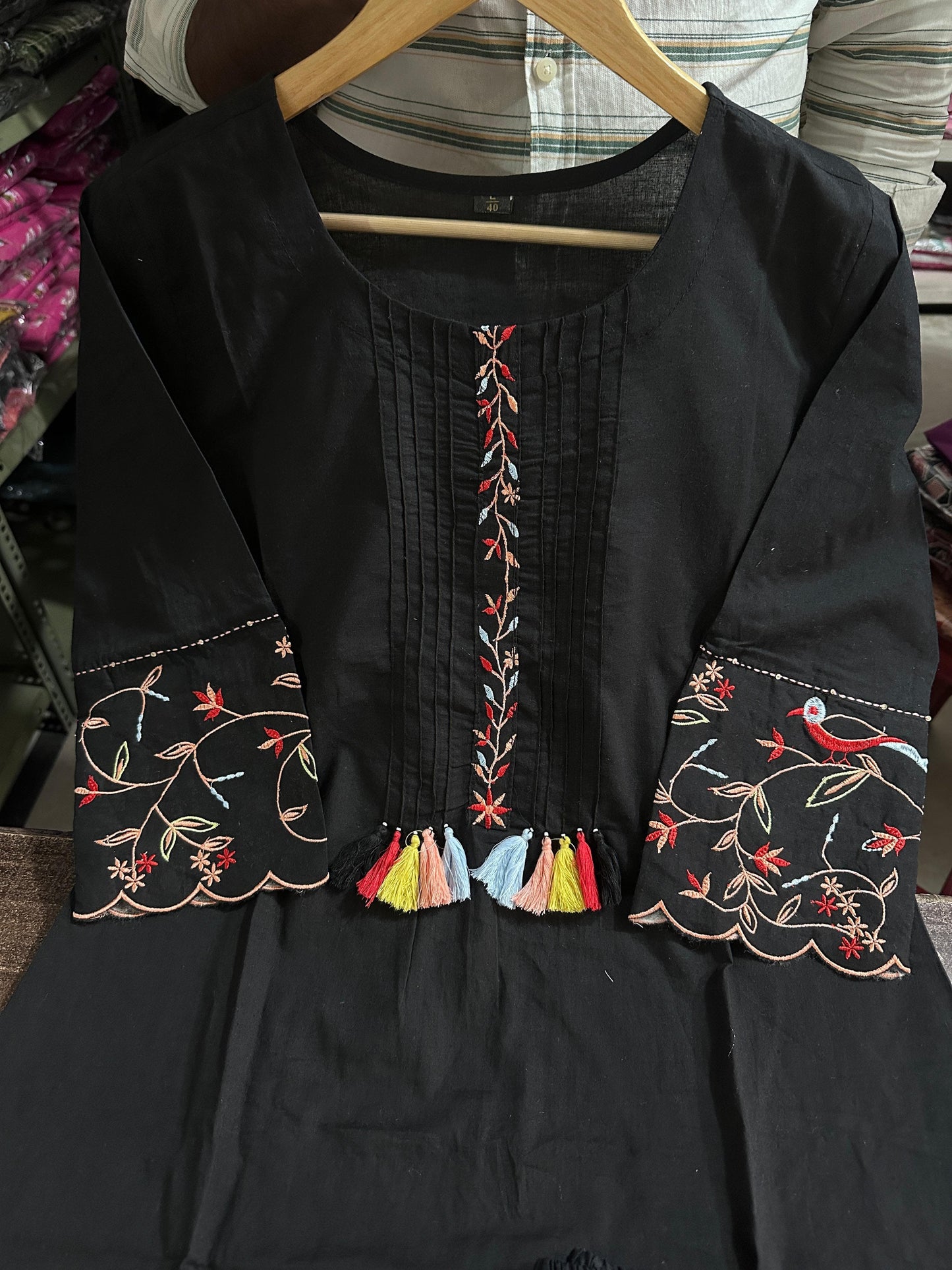 Elegant Black Cotton Embroidered Kurta Pant Set - Comfortable Ethnic Wear