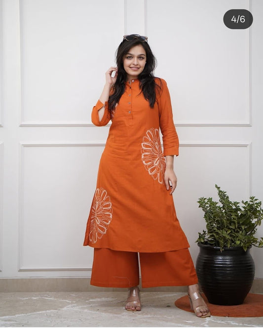 Vibrant Orange Pure Cotton Embroidered Kurta Pant Set for Women