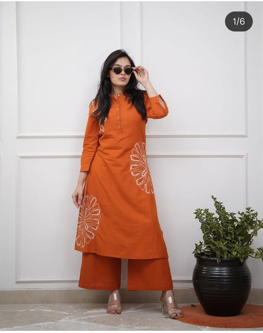 Vibrant Orange Pure Cotton Embroidered Kurta Pant Set for Women