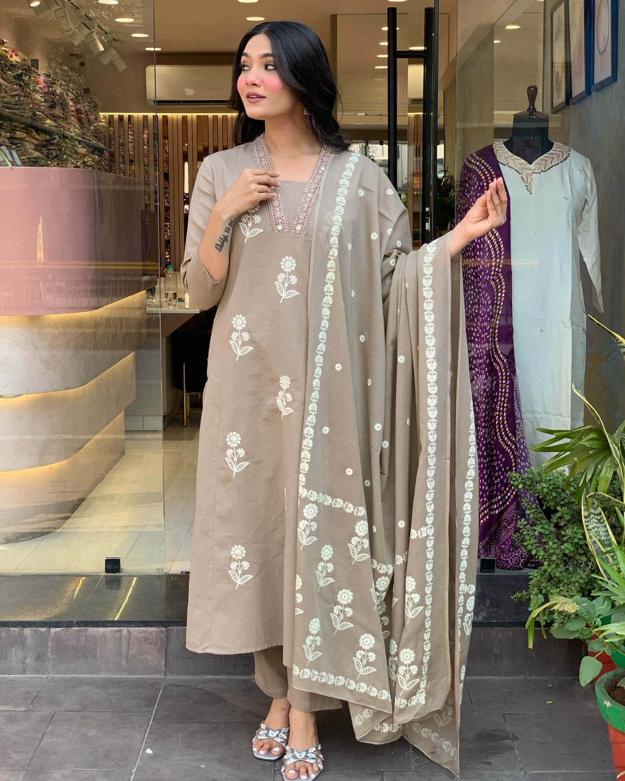 BIba Taupe Floral Embroidered Kurta Set with Dupatta Elegant Ethnic Wear