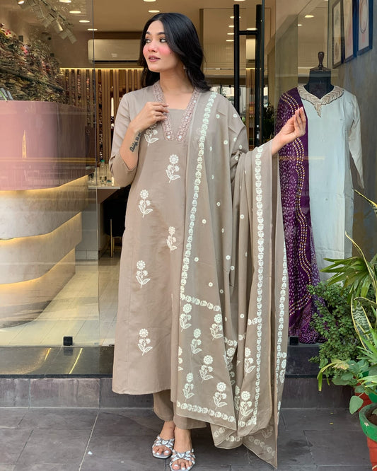 BIba Taupe Floral Embroidered Kurta Set with Dupatta Elegant Ethnic Wear