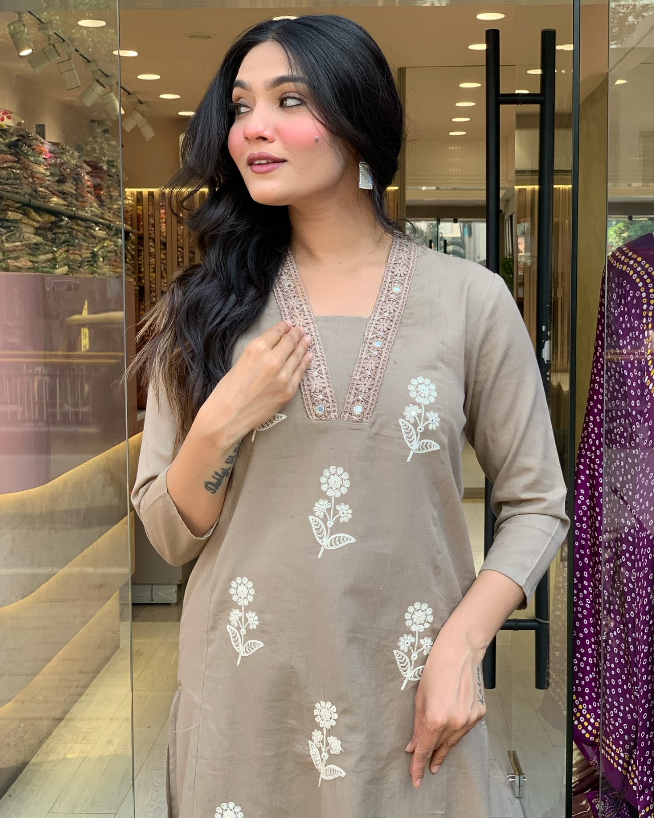 BIba Taupe Floral Embroidered Kurta Set with Dupatta Elegant Ethnic Wear
