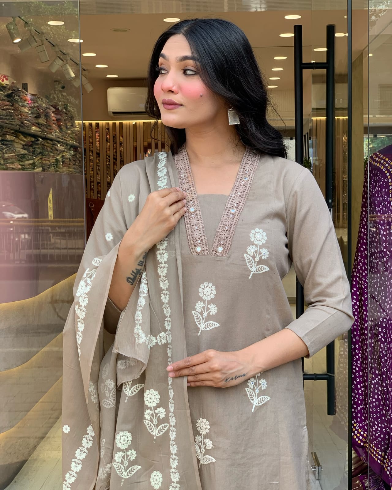 BIba Taupe Floral Embroidered Kurta Set with Dupatta Elegant Ethnic Wear