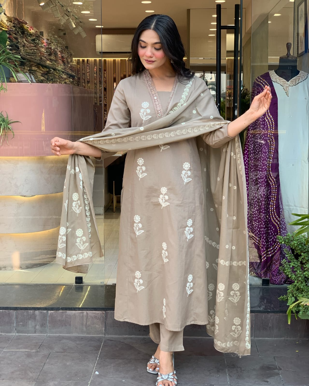 BIba Taupe Floral Embroidered Kurta Set with Dupatta Elegant Ethnic Wear