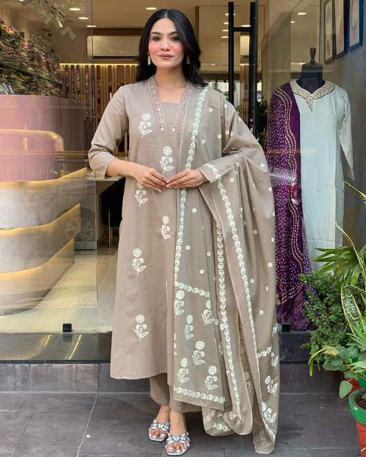 BIba Taupe Floral Embroidered Kurta Set with Dupatta Elegant Ethnic Wear