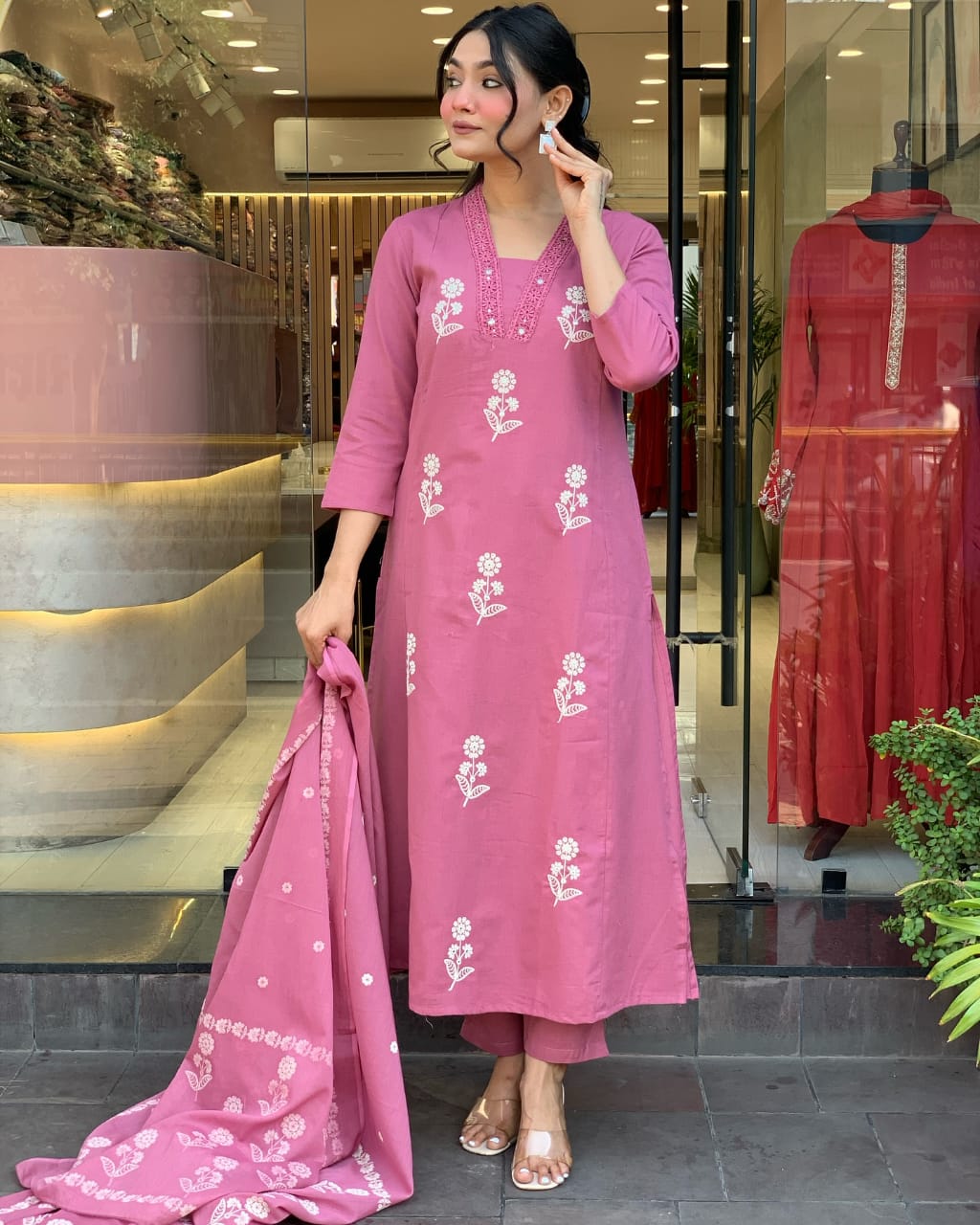Biba Elegant Rose Pink Floral Embroidered Kurta Set with Pants & Dupatta