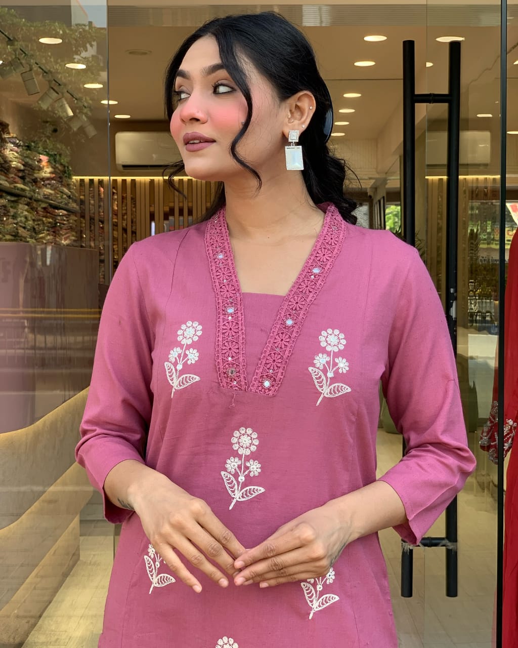 Biba Elegant Rose Pink Floral Embroidered Kurta Set with Pants & Dupatta
