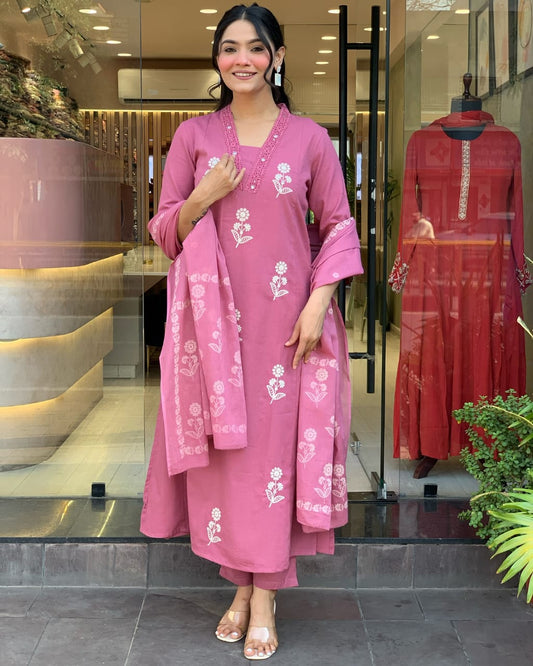 Biba Elegant Rose Pink Floral Embroidered Kurta Set with Pants & Dupatta