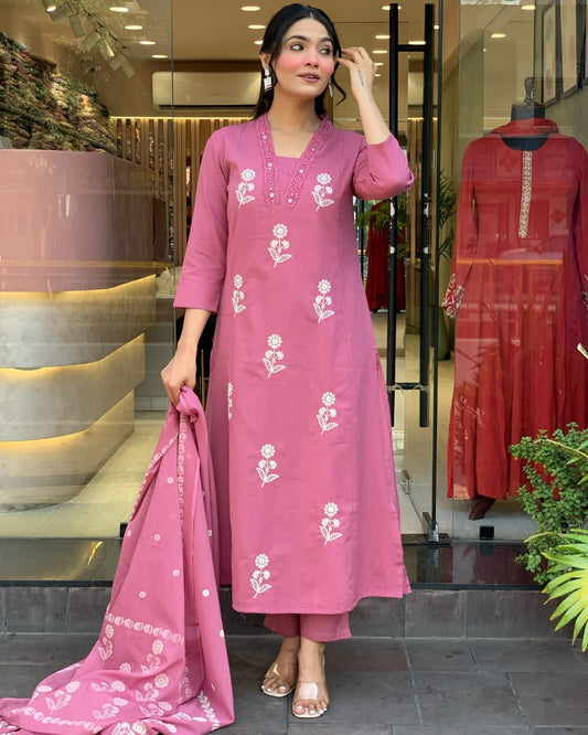 Biba Elegant Rose Pink Floral Embroidered Kurta Set with Pants & Dupatta