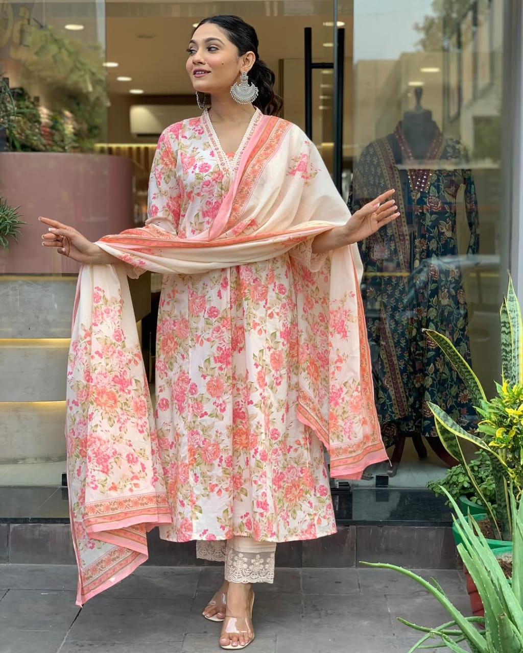 Elegant Floral Print Pure Cotton Ethnic Kurta Set with Attached Dupatta