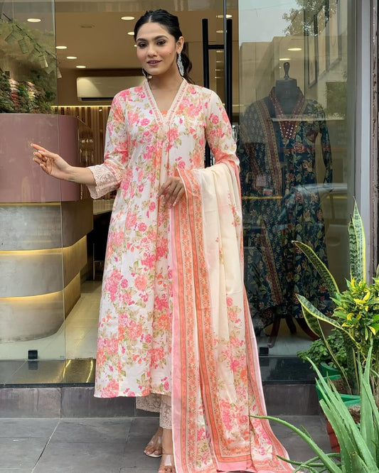 Elegant Floral Print Pure Cotton Ethnic Kurta Set with Attached Dupatta