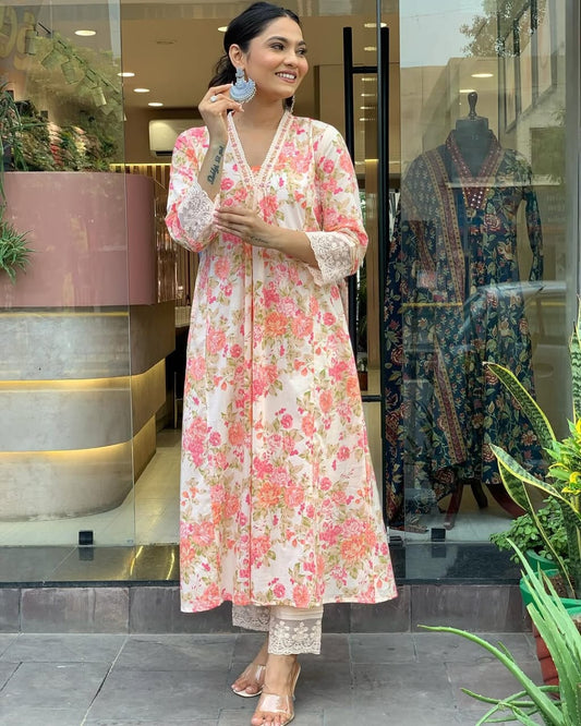 Elegant Floral Print Pure Cotton Ethnic Kurta Set with Attached Dupatta
