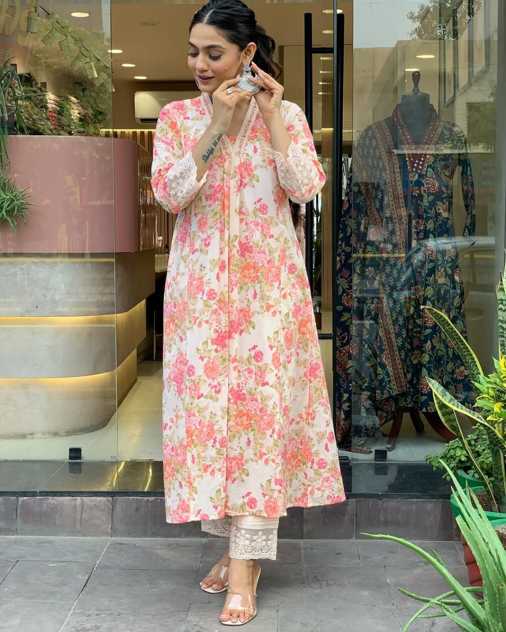 Elegant Floral Print Pure Cotton Ethnic Kurta Set with Attached Dupatta