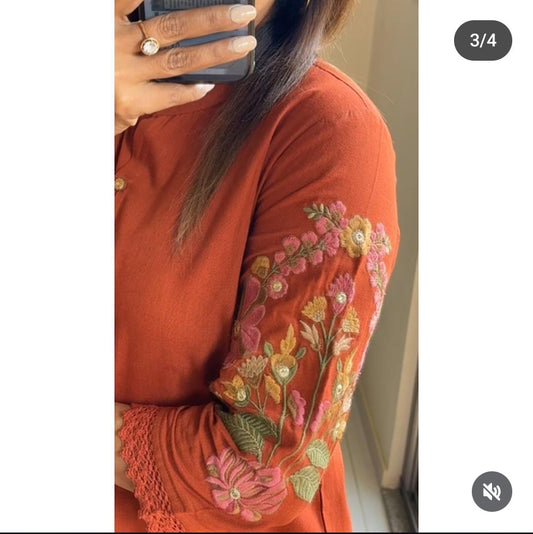 Elegant Rust Orange Co-ord Set with Subtle Embroidery Accents for Women