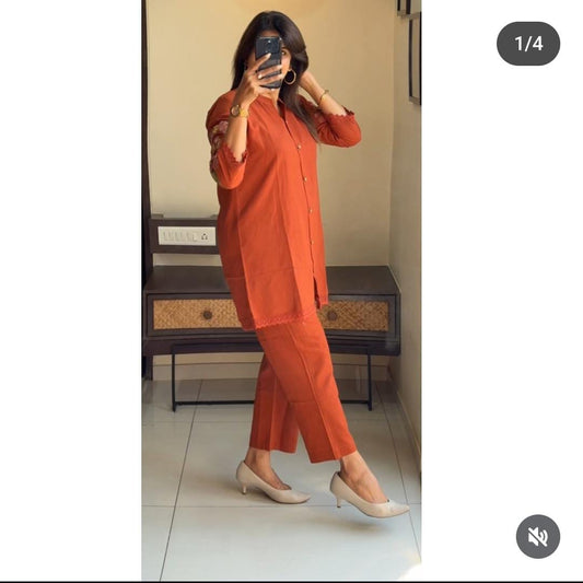 Elegant Rust Orange Co-ord Set with Subtle Embroidery Accents for Women