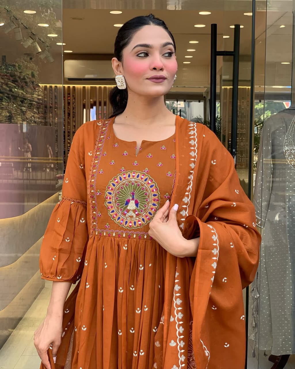 Elegant Rust Brown Floor-Length Anarkali Suit with Exquisite Embroidery & Dupatta