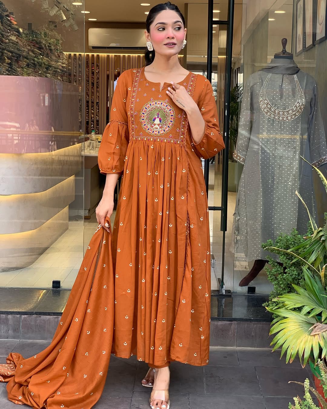 Elegant Rust Brown Floor-Length Anarkali Suit with Exquisite Embroidery & Dupatta